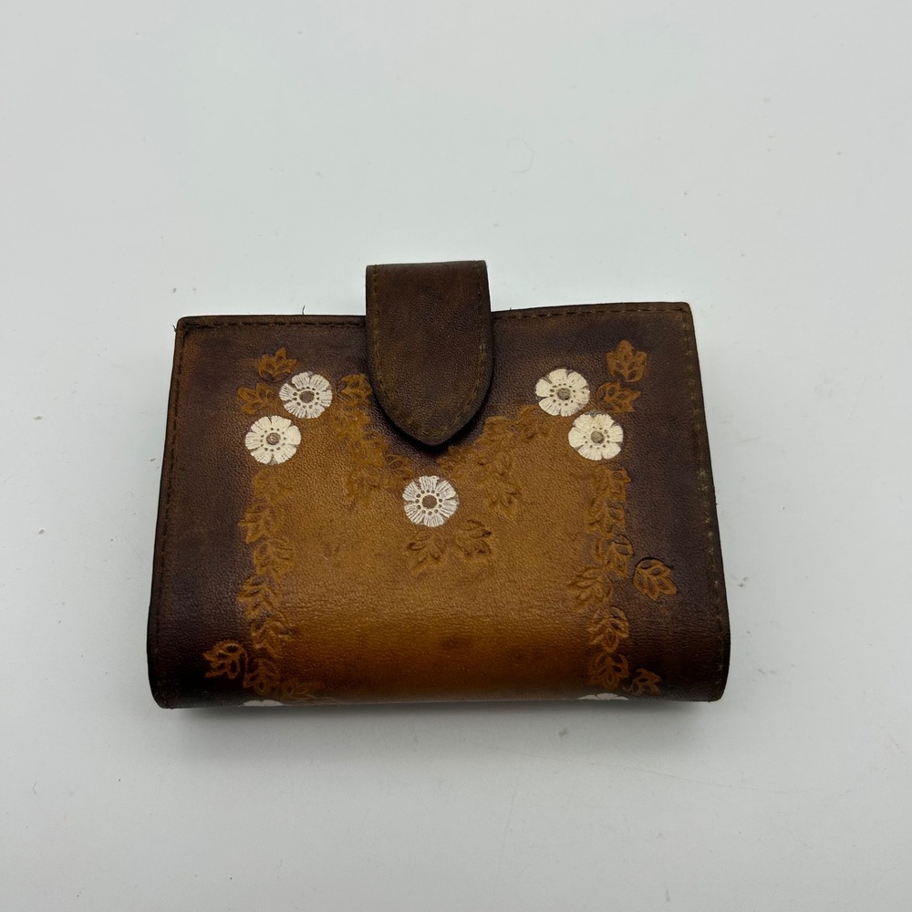 Vintage Baronet Brown Tooled Cowhide Leather Floral Bifold Wallet Coin Pocket